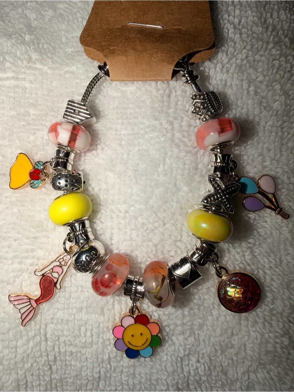 Handmade Women's Charm Bracelet in Yellow & Pink with Smiley Flower Charm